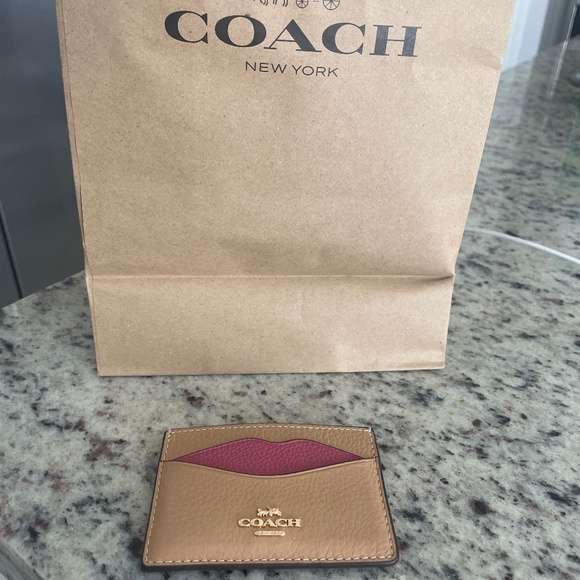 COACH Lip ID Card Tan/Pink Leather Card Case - Picture 8 of 10